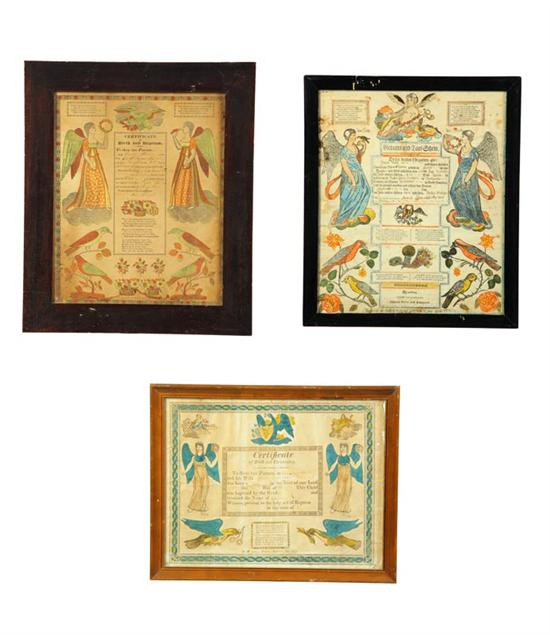 Appraisal: THREE FRAKTURS Printed and handcolored Pennsylvania frakturs Peters fraktur recording