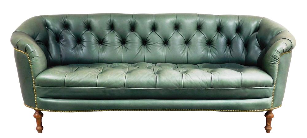 Appraisal: Green button tufted leather sofa straight back with tapered arms