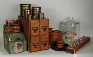 Appraisal: Wood Card Catalog Glass Brass Kitchen Items Group of wood