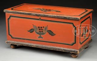 Appraisal: GOOD DIMINUTIVE PINE PAINT-DECORATED STORAGE CHEST Second quarter th century