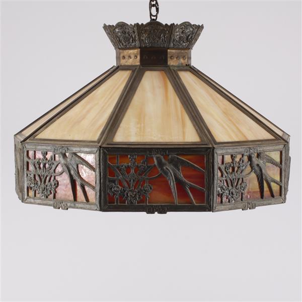 Appraisal: Caramel slag glass hanging lamp shade with metal bird and