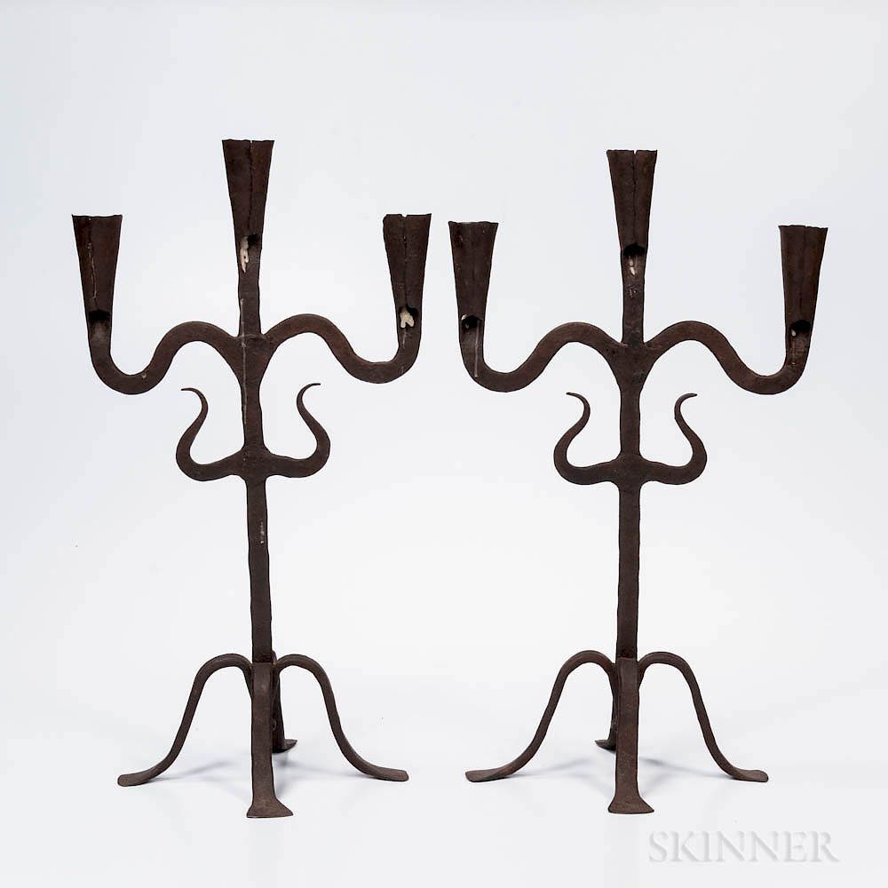 Appraisal: Pair of Wrought Iron Three-light Candelabra Pair of Wrought Iron