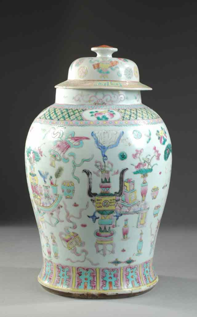 Appraisal: CHINESE PORCELAIN COVERED JAR hand painted with stylized utensils and