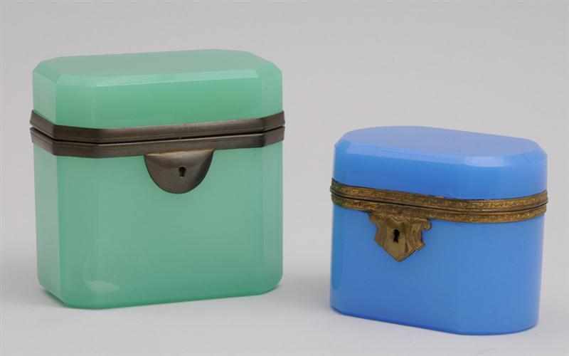 Appraisal: TWO FRENCH GILT-METAL MOUNTED OPALINE GLASS BOXES The larger green