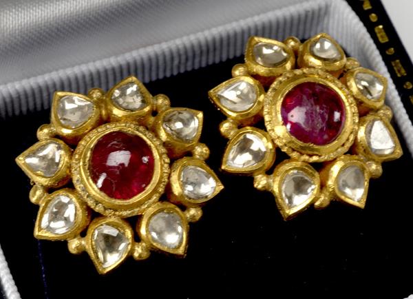 Appraisal: JAIPUR RUBY AND DIAMOND EARRINGS k floriform clusters center foil-backed