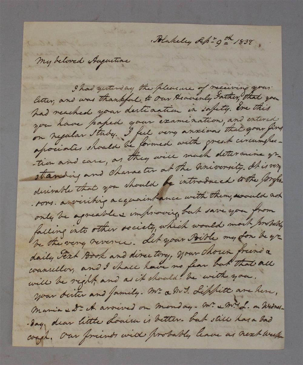 Appraisal: JANE C WASHINGTON MANUSCRIPT LETTER TO SON JOHN AUGUSTINE WASHINGTON