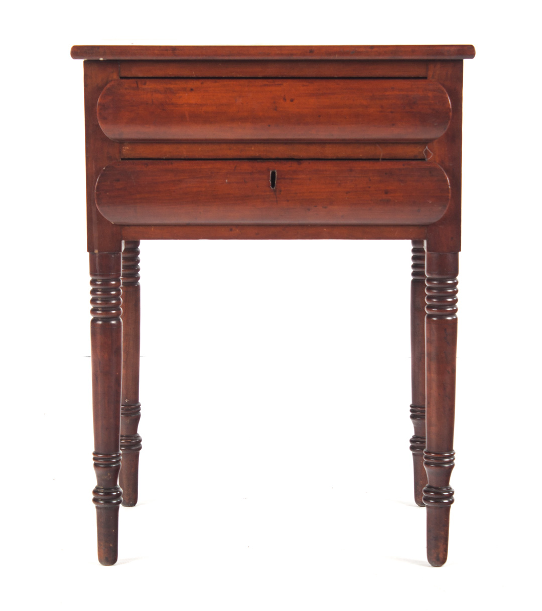 Appraisal: Late Federal mahogany worktable circa two-drawer worktable with turned legs