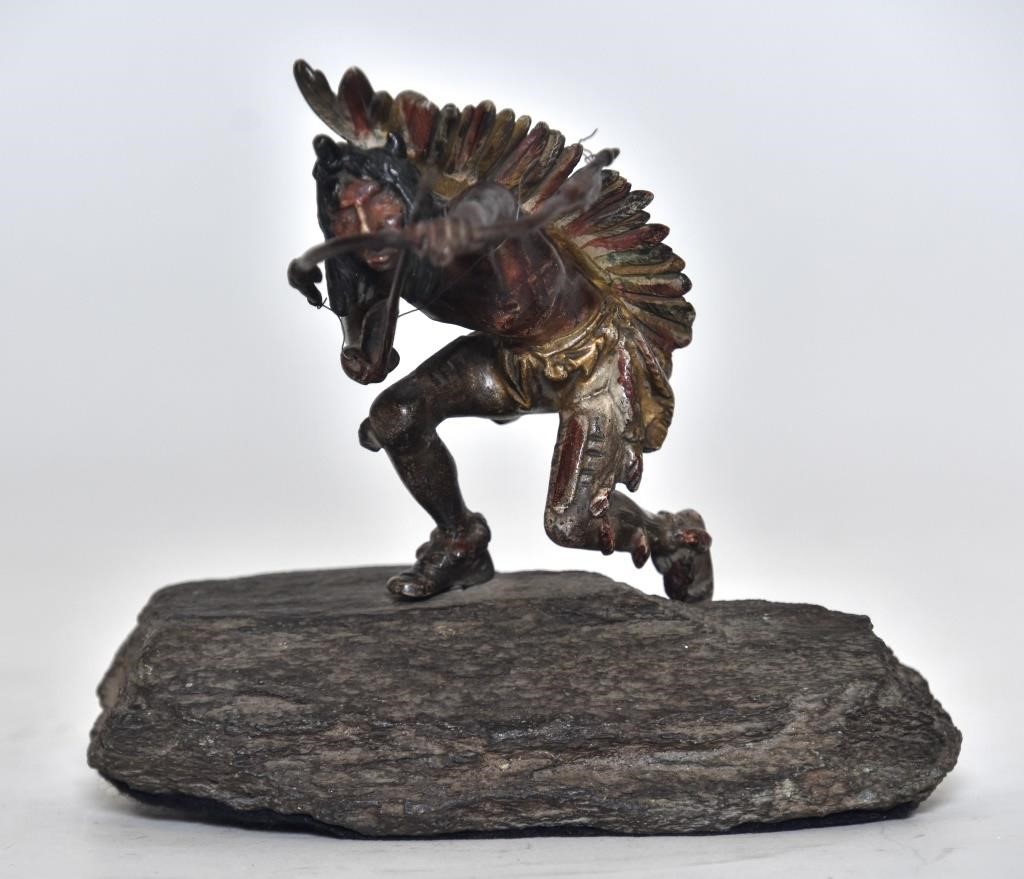 Appraisal: Carl Kauba cold painted bronze Indian on rock signed h