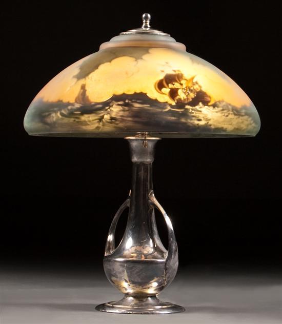 Appraisal: Pairpoint reverse painted glass and silvered metal seascape lamp early