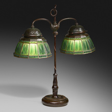 Appraisal: Tiffany Studios LINENFOLD DOUBLE STUDENT LAMP USA - patinated bronze