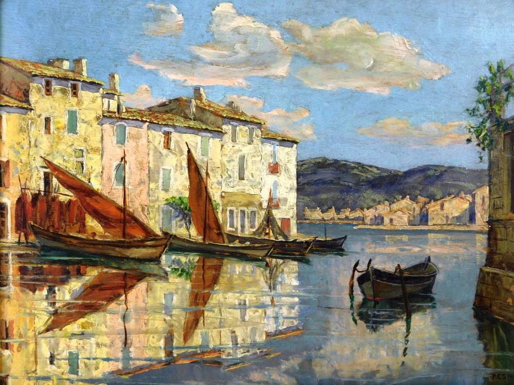 Appraisal: Oil on board Mediterranean scene depicts buildings at water's edge