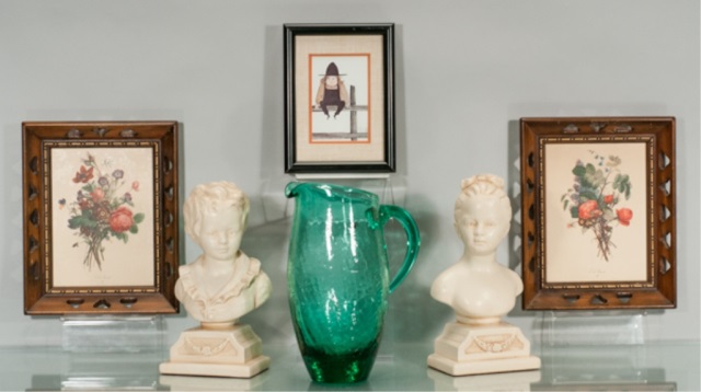 Appraisal: Framed Pictures B Moss Signed Print Blenko Pitcher Modeled Busts