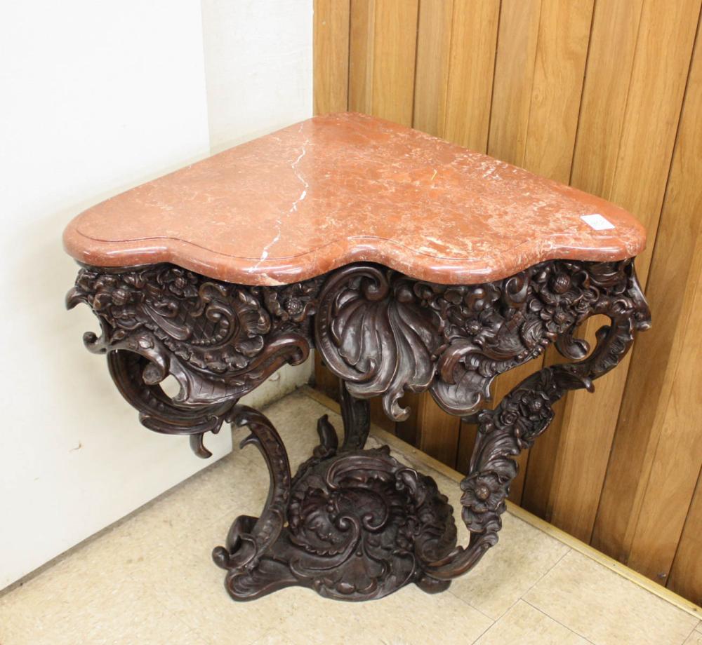 Appraisal: BRONZE MARBLE-TOP CORNER TABLE with shaped rouge marble top resting