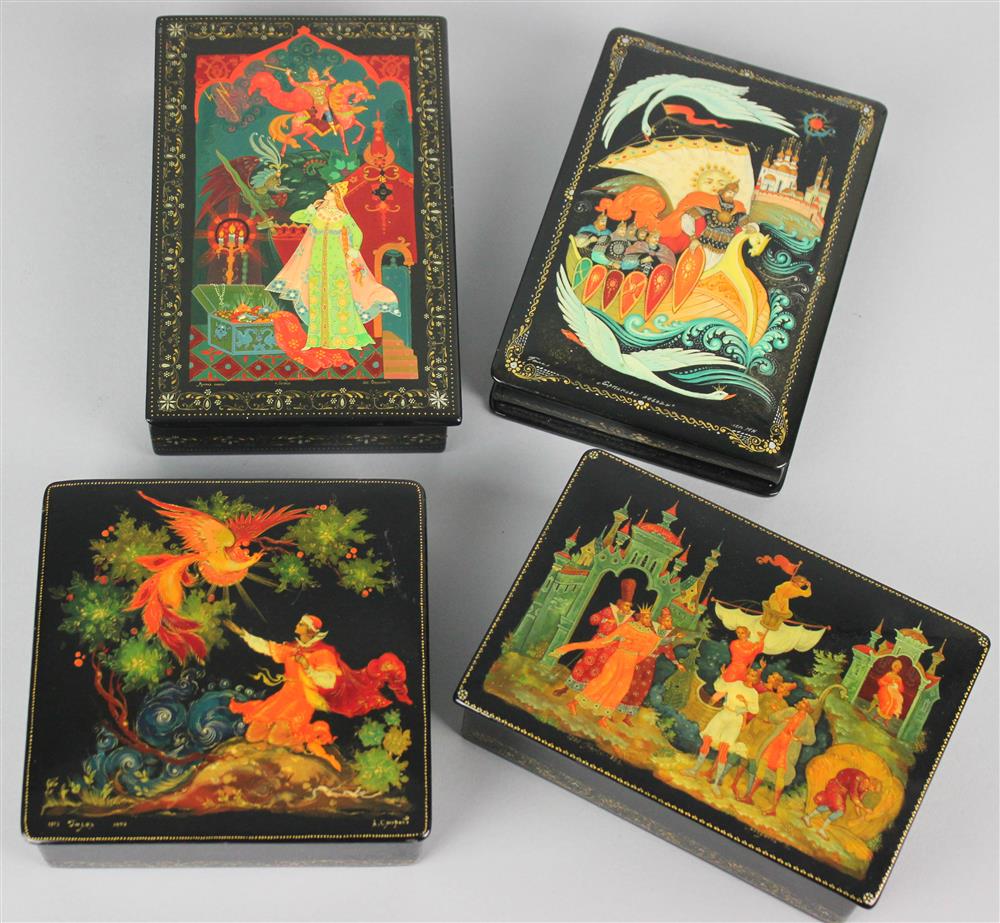 Appraisal: FOUR PALEKH RUSSIAN LACQUER BOXES RUSLAN LUDMILA RESCUE OF THE