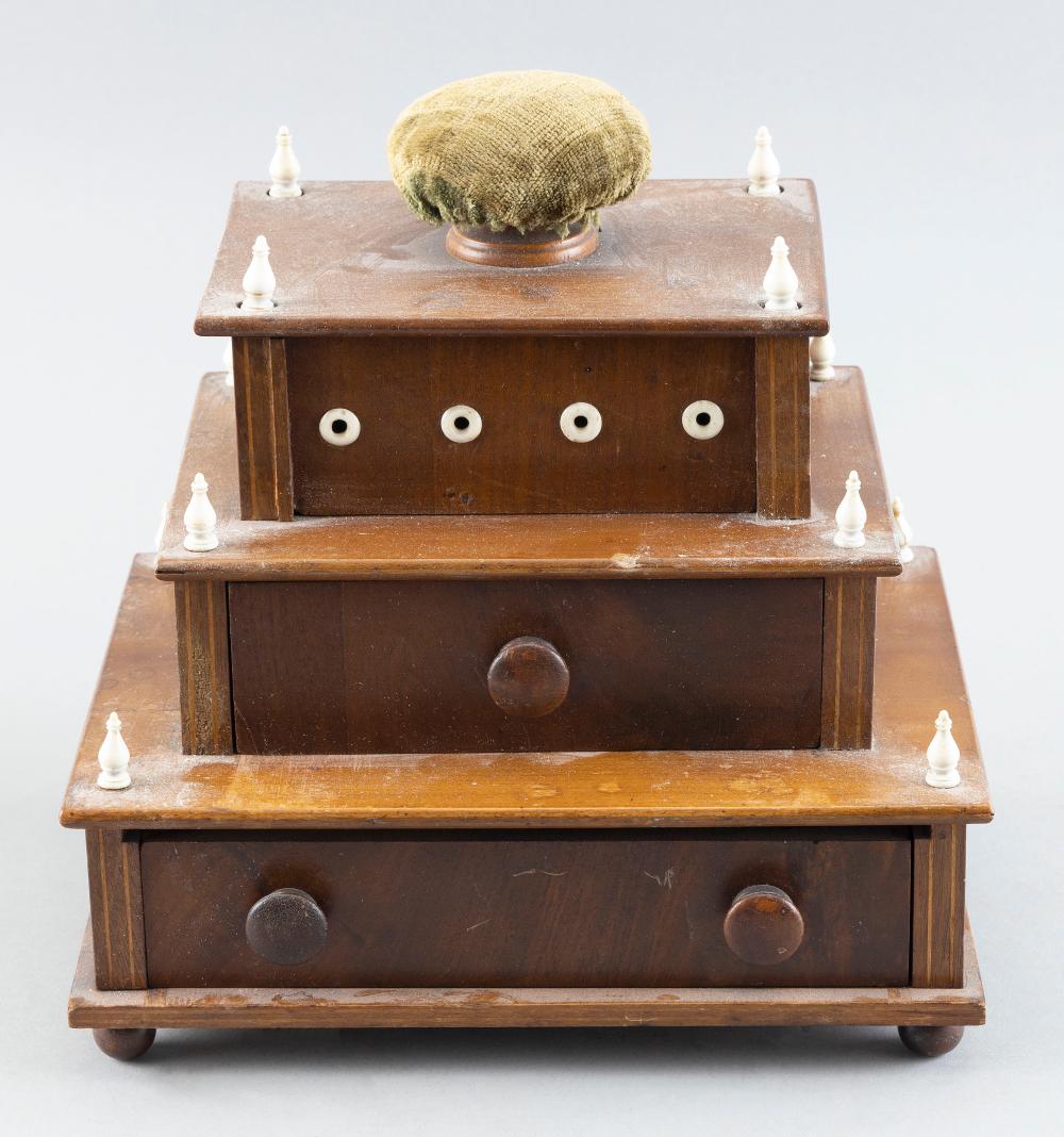 Appraisal: SAILOR-MADE THREE-TIER WOOD AND WHALEBONE SEWING BOX TH CENTURY HEIGHT