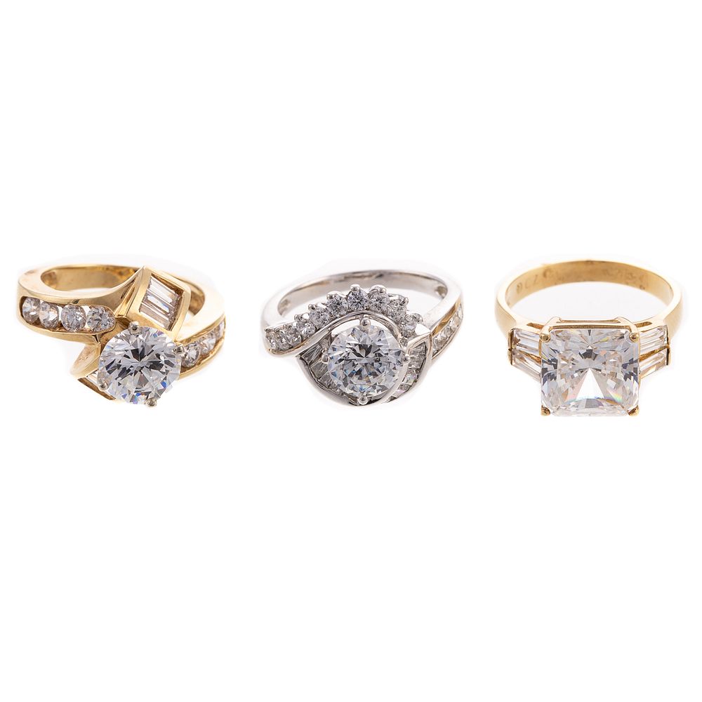 Appraisal: A Trio of CZ Engagement Rings in Gold K yellow