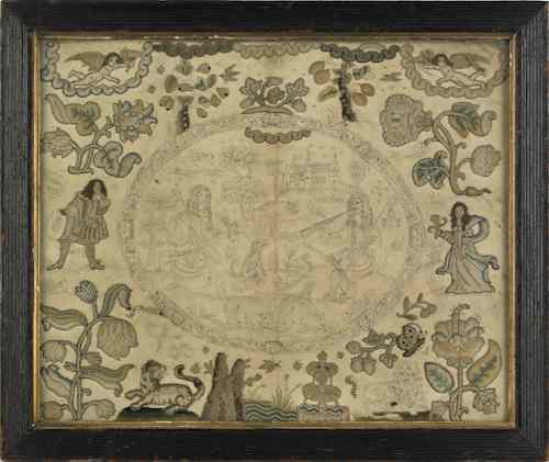 Appraisal: Charles II stumpwork embroidery late th c the unfinished portions