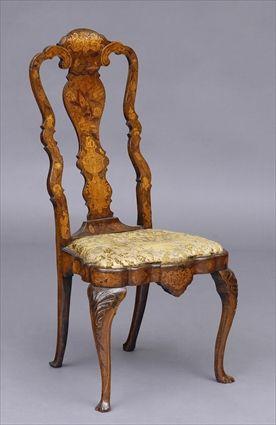 Appraisal: DUTCH ROCOCO-STYLE MARQUETRY-INLAID SIDE CHAIR The shaped top rail centered