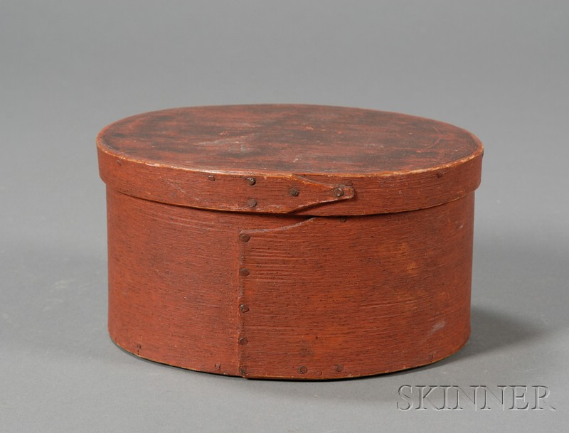 Appraisal: Red-painted Oval Lapped-seam Covered Pantry Box America th century ht