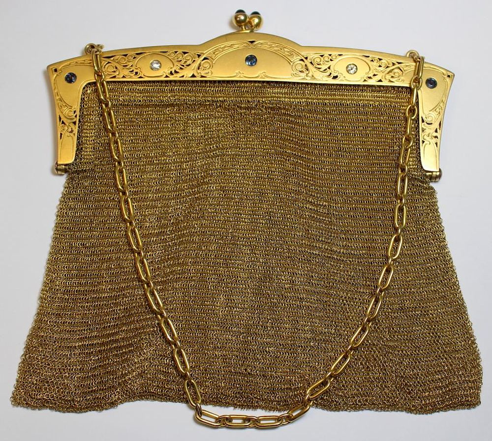 Appraisal: FABERGE Antique kt Gold Mesh Purse with Diamonds and Sapphires