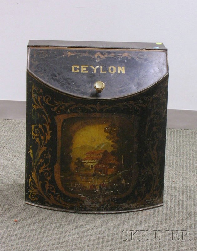 Appraisal: Painted and Scenic Decorated Bowfront Tole Retail Ceylon Tea Floor