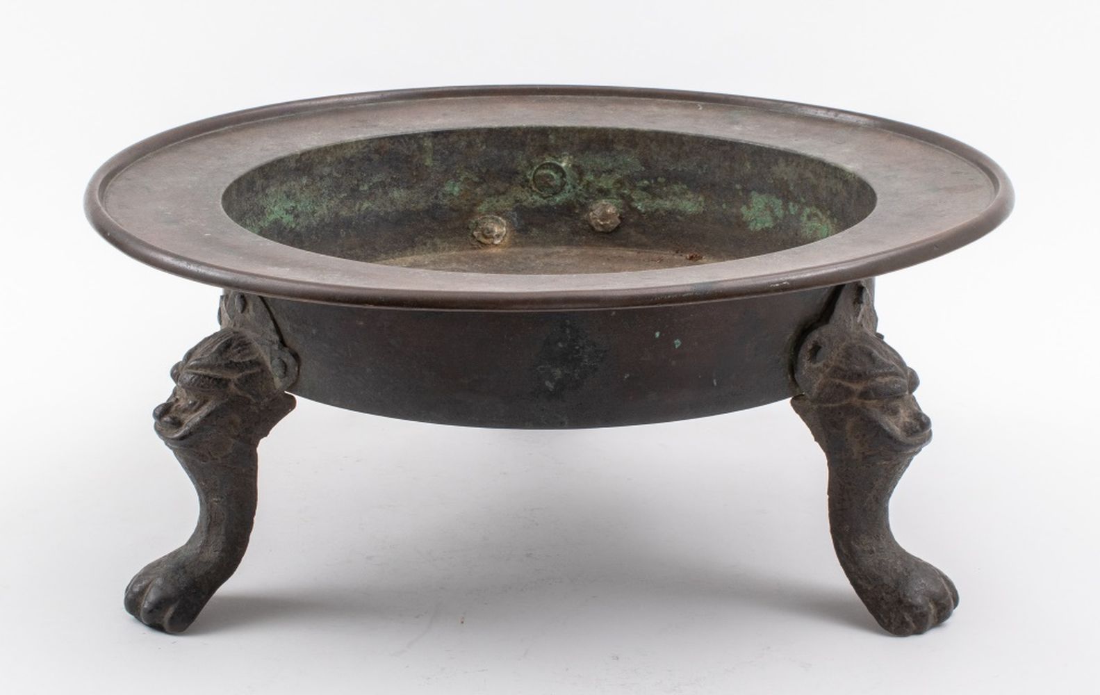 Appraisal: CHINESE PATINATED BRONZE TRIPOD CENSER Chinese patinated bronze tripod censer