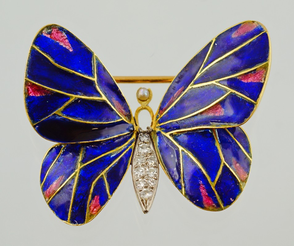 Appraisal: Unmarked YG diamond enameled butterfly pin tail set w small