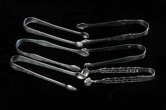 Appraisal: SIX GEORGE III SILVER SUGAR TONGS Makers including Hester Bateman