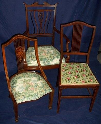 Appraisal: An Edwardian mahogany framed open armchair and two inlaid chairs