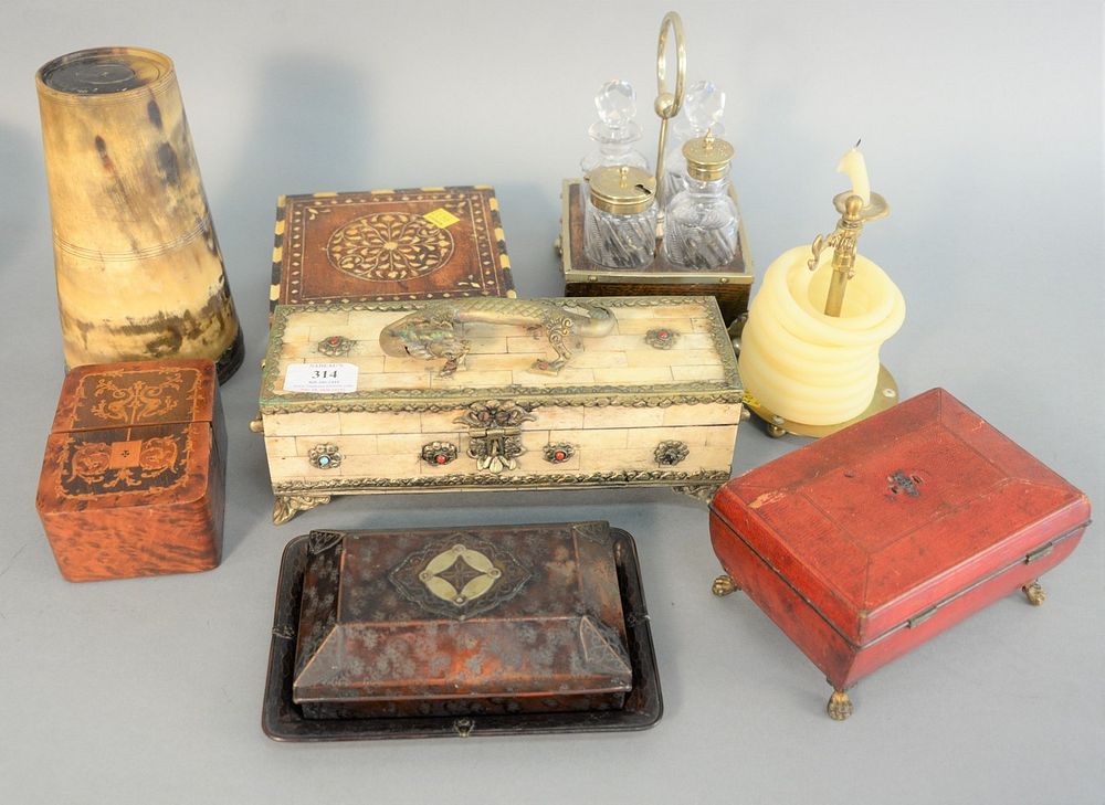 Appraisal: Seven piece group to include inlaid boxes leather boxes horn