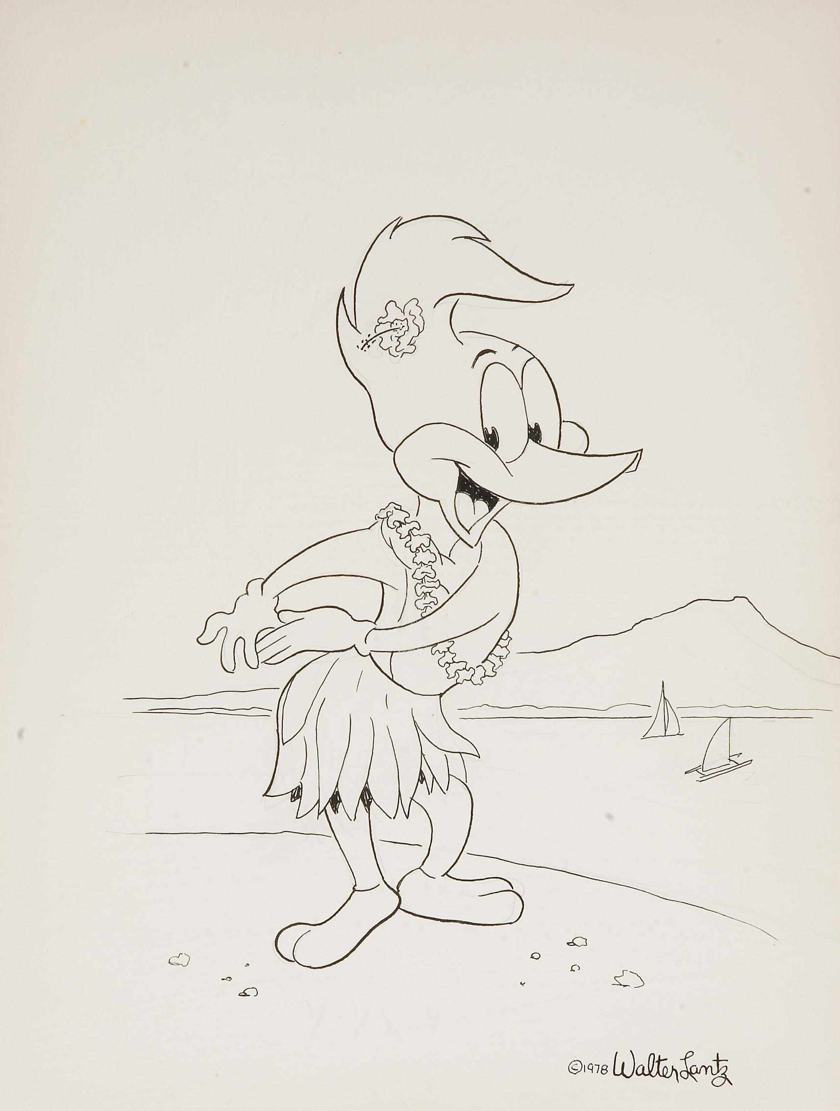 Appraisal: A Walter Lantz drawing of Woody Woodpecker as a hula