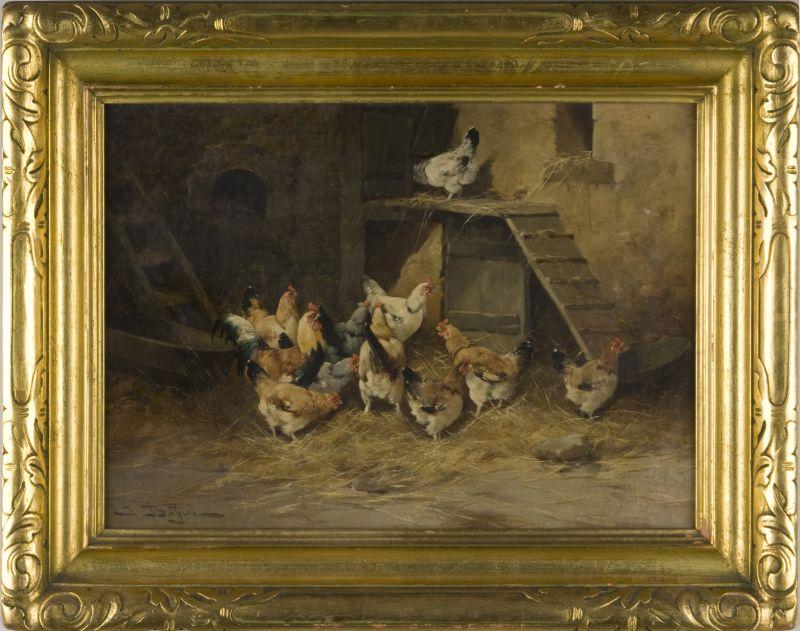 Appraisal: Jules Bahieu French - Poultry Yard oil on canvas signed