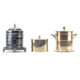 Appraisal: Grouping of Three Vintage English Silver Plate Canisters Grouping of