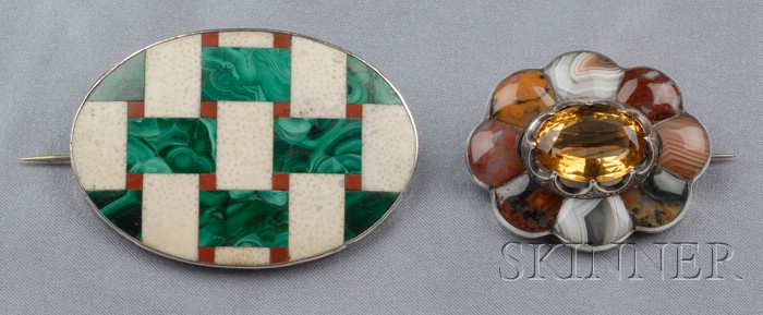 Appraisal: Two Victorian Silver and Scottish Agate Brooches one centering a