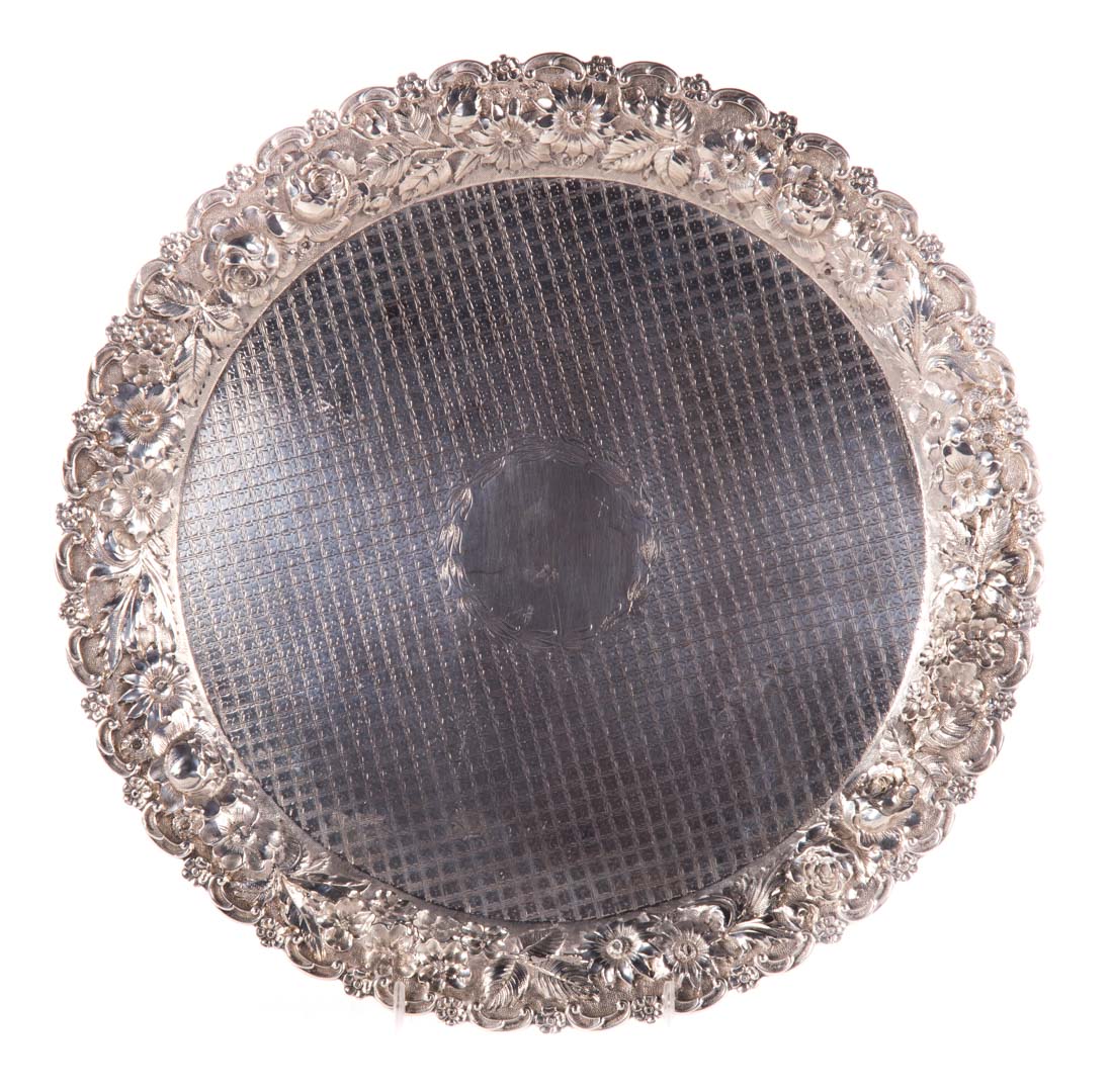 Appraisal: American sterling silver round tray with repousse border and engraved