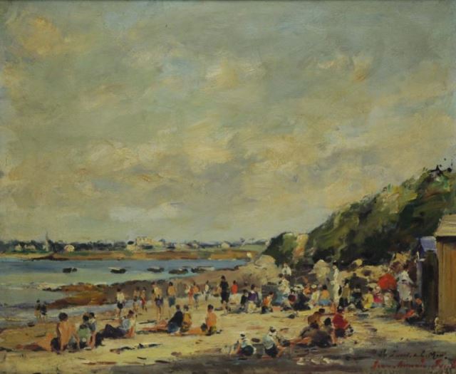 Appraisal: Indistinctly Signed Impressionist Beach Scene Oilon Masonite Signed and inscribed