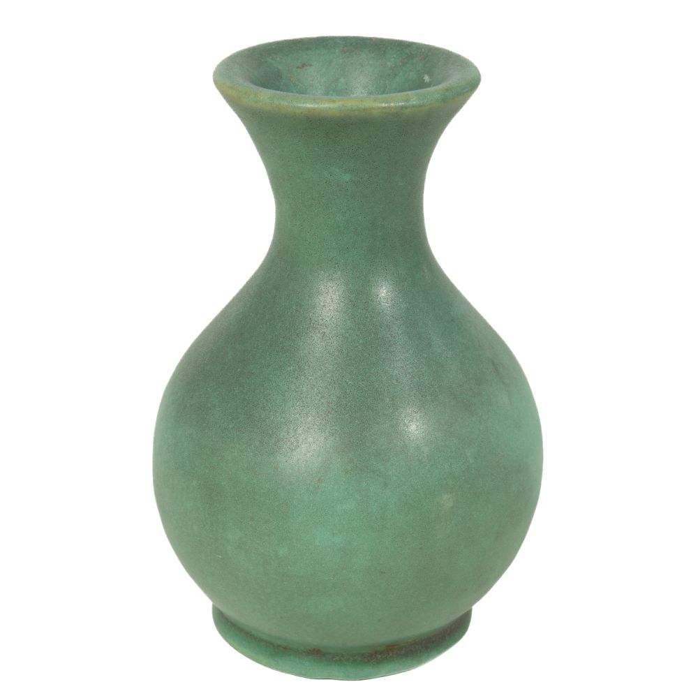 Appraisal: TECO POTTERY MATTE GREEN VASEBulbous forum unglazed bottom incised mark