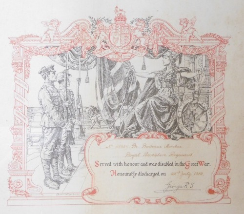 Appraisal: A Great War Discharge Certificate to Pte Bertam Martin Royal