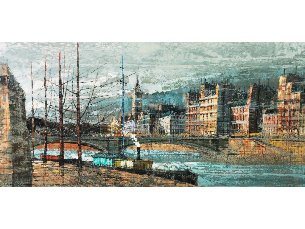 Appraisal: BRITISH SCHOOL modern OIL PAINTING ON CANVASA riverside townscapeunsigned x