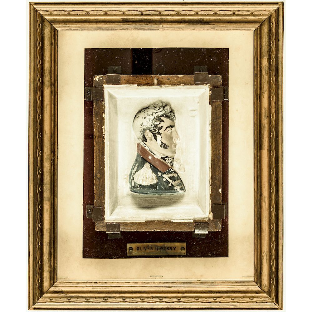 Appraisal: c Rare Historic Oliver Hazard Perry Chalkware Bust Shadowbox Framed