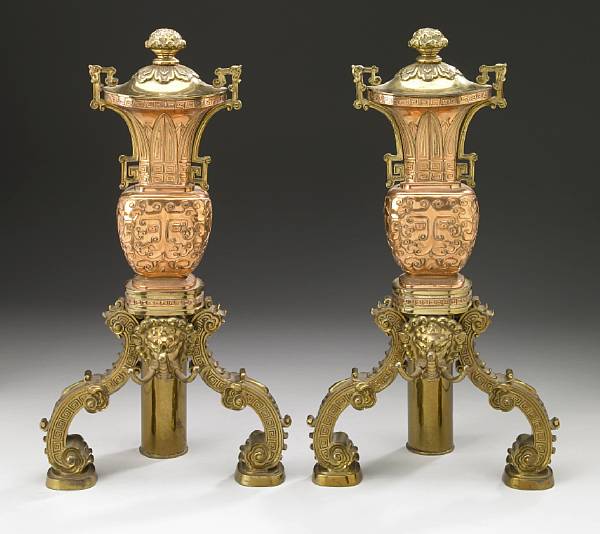 Appraisal: A pair of Aesthetic Movement brass chenets fourth quarter th