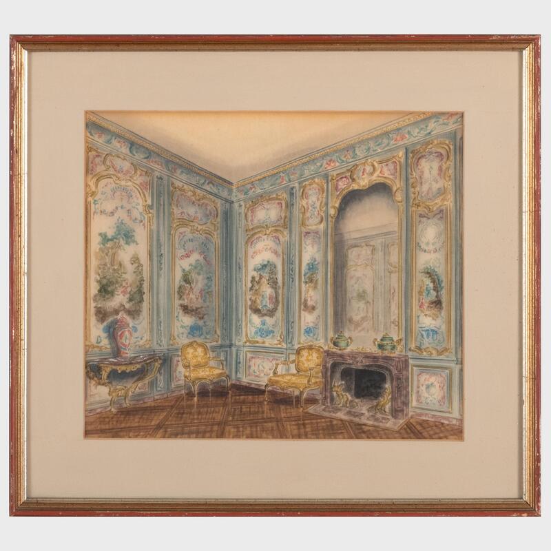 Appraisal: European School Sitting Room Interior Watercolor on paper usigned together