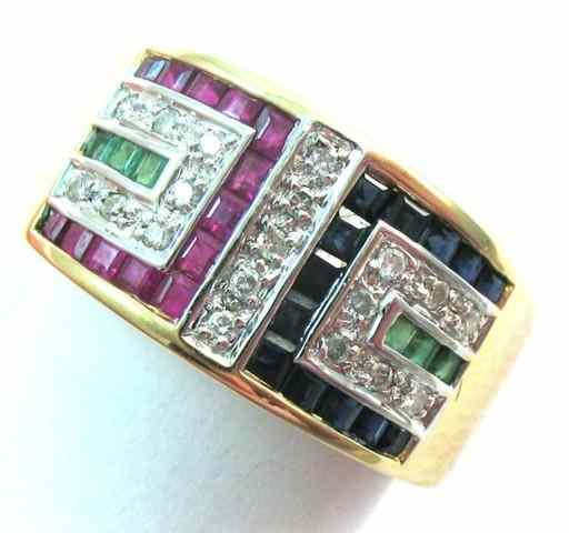 Appraisal: RUBY EMERALD AND SAPPHIRE RING k yellow gold set with