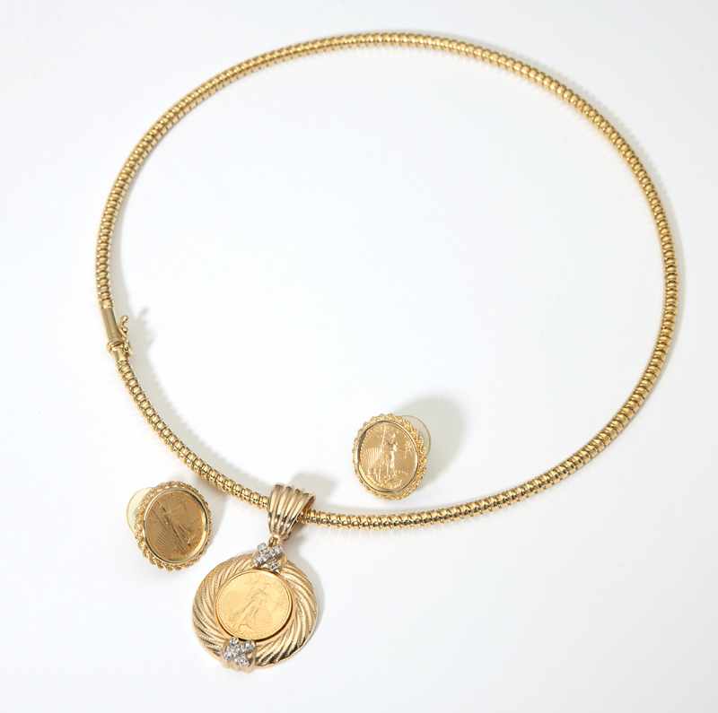 Appraisal: A gold coin pendant and earrings The gold Five Dollar