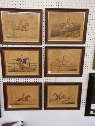 Appraisal: Set of Equestrian Lithographs handcolored image area x in walnut