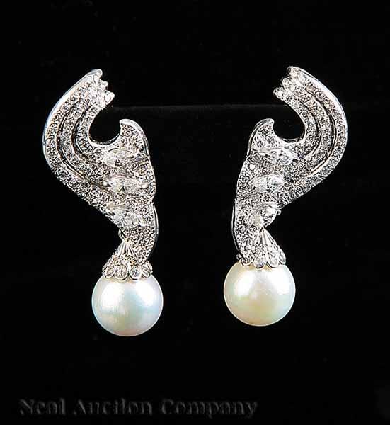 Appraisal: A Pair of Platinum Diamond and South Sea Pearl Earrings