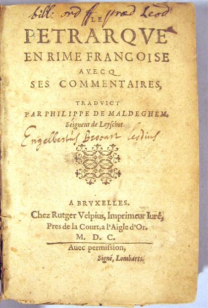 Appraisal: vol Petrarcha Francesco Petrarque en Rime Francoise Brussels Rutger Velpius