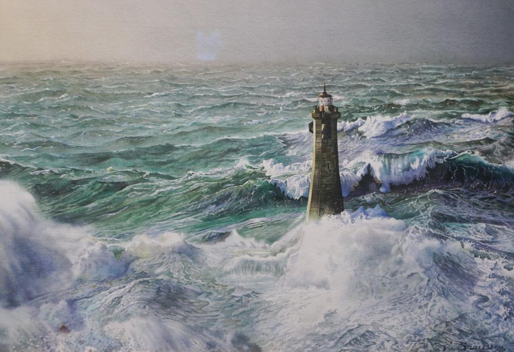 Appraisal: Didier Brousse French b Waves Crashing on a Lighthouse Watercolor