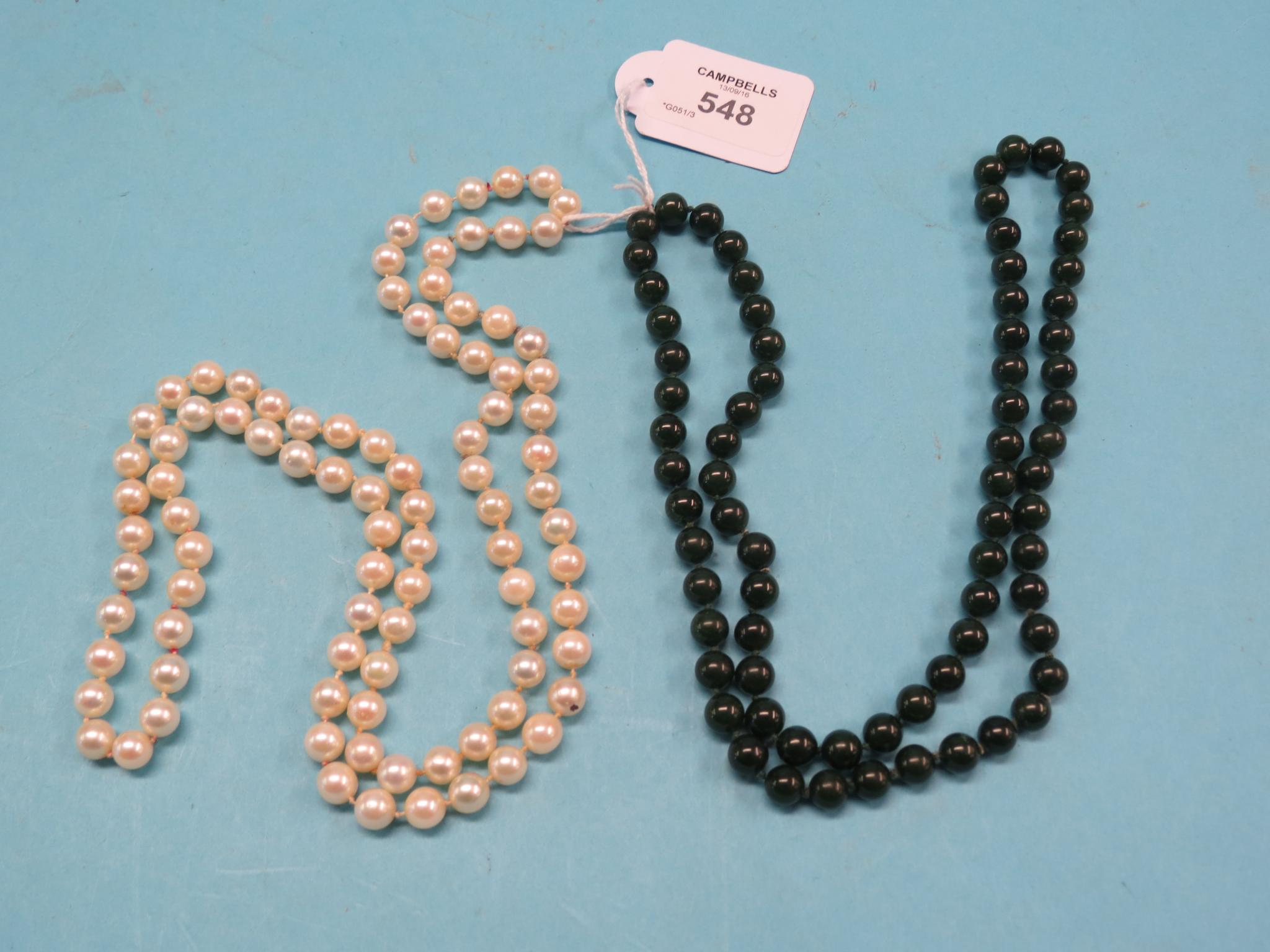 Appraisal: A pearl-type necklace and a green-stone bead necklace