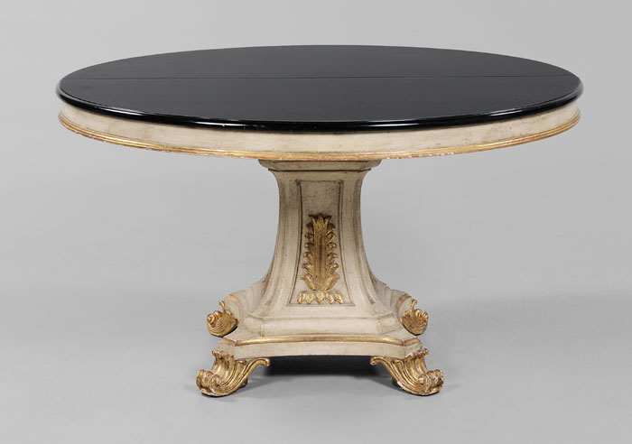 Appraisal: Parcel Gilt and Paint-Decorated Pedestal Table modern black-painted circular top